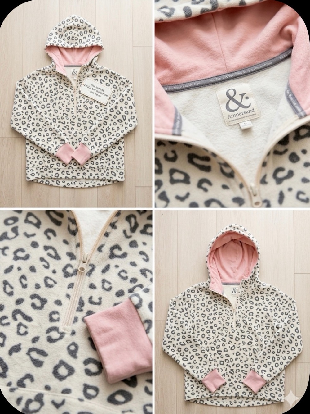 Ampersand Leopard Print Half-Zip Hoodie in Cream & Pink